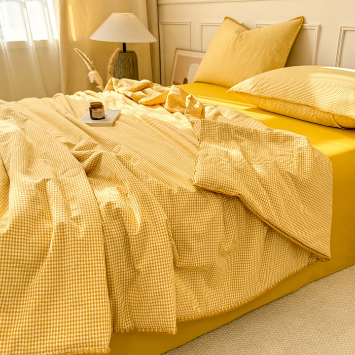 91家纺网 家纺一手货源 找家纺 鸣升家纺 2026新款全棉色织水洗棉贝壳边棉花空调被夏凉被夏被四件套 姜黄