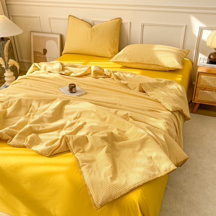 91家纺网 家纺一手货源 找家纺 鸣升家纺 2026新款全棉色织水洗棉贝壳边棉花空调被夏凉被夏被四件套 姜黄