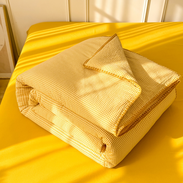91家纺网 家纺一手货源 找家纺 鸣升家纺 2026新款全棉色织水洗棉贝壳边棉花空调被夏凉被夏被四件套 姜黄