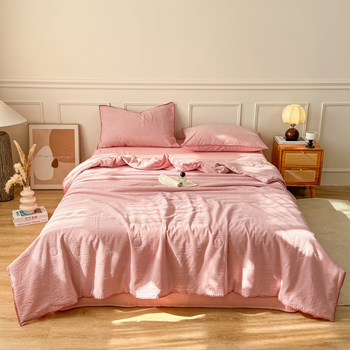 91家纺网 家纺一手货源 找家纺 鸣升家纺 2026新款全棉色织水洗棉贝壳边棉花空调被夏凉被夏被四件套 莎粉