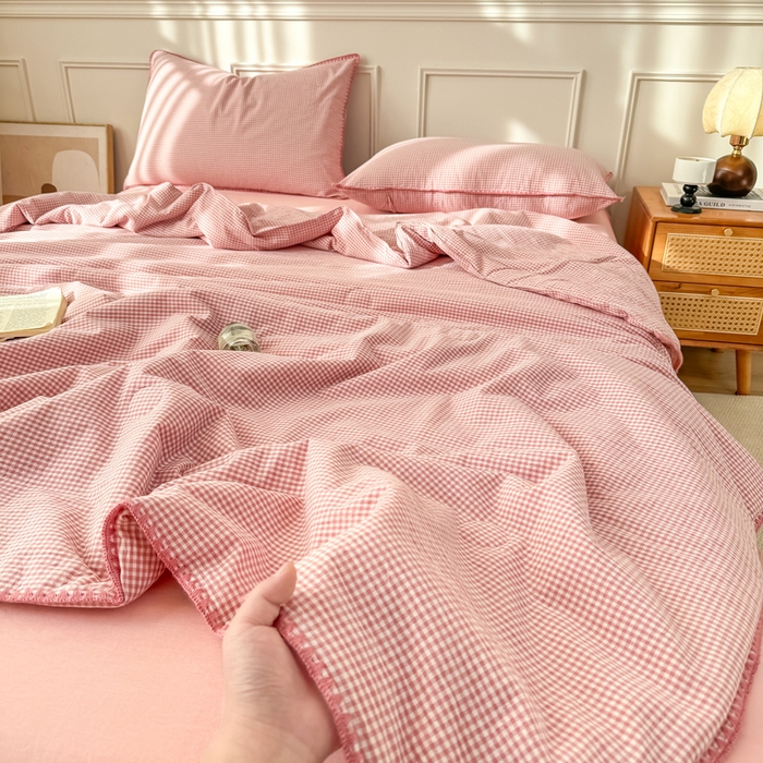 91家纺网 家纺一手货源 找家纺 鸣升家纺 2026新款全棉色织水洗棉贝壳边棉花空调被夏凉被夏被四件套 莎粉