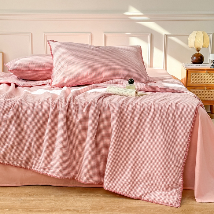 91家纺网 家纺一手货源 找家纺 鸣升家纺 2026新款全棉色织水洗棉贝壳边棉花空调被夏凉被夏被四件套 莎粉