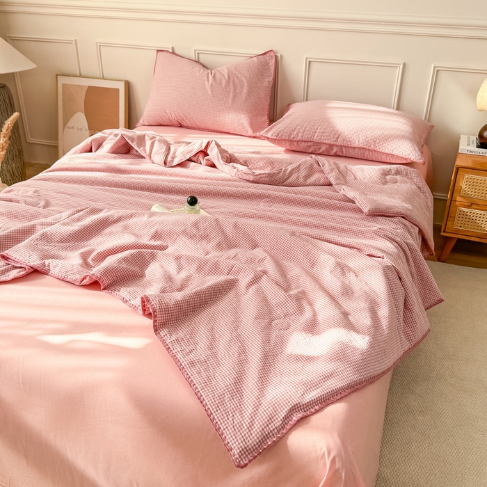 91家纺网 家纺一手货源 找家纺 鸣升家纺 2026新款全棉色织水洗棉贝壳边棉花空调被夏凉被夏被四件套 莎粉