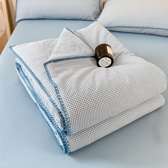 鸣升家纺 2026新款全棉色织水洗棉贝壳边棉花空调被夏凉被夏被四件套 天空蓝