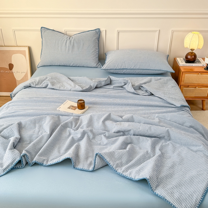 91家纺网 家纺一手货源 找家纺 鸣升家纺 2026新款全棉色织水洗棉贝壳边棉花空调被夏凉被夏被四件套 天空蓝