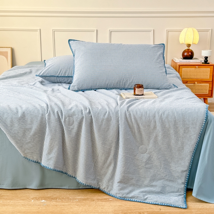 91家纺网 家纺一手货源 找家纺 鸣升家纺 2026新款全棉色织水洗棉贝壳边棉花空调被夏凉被夏被四件套 天空蓝