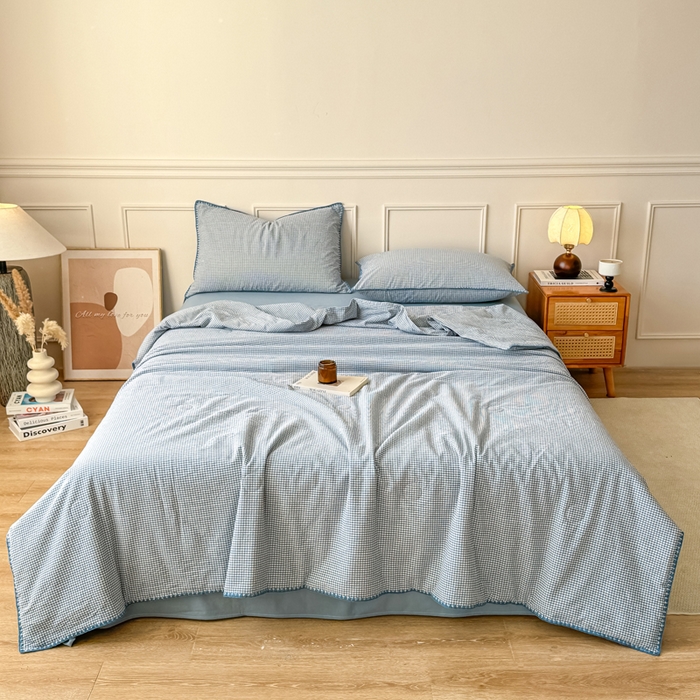 91家纺网 家纺一手货源 找家纺 鸣升家纺 2026新款全棉色织水洗棉贝壳边棉花空调被夏凉被夏被四件套 天空蓝