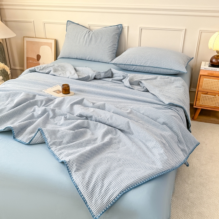 91家纺网 家纺一手货源 找家纺 鸣升家纺 2026新款全棉色织水洗棉贝壳边棉花空调被夏凉被夏被四件套 天空蓝