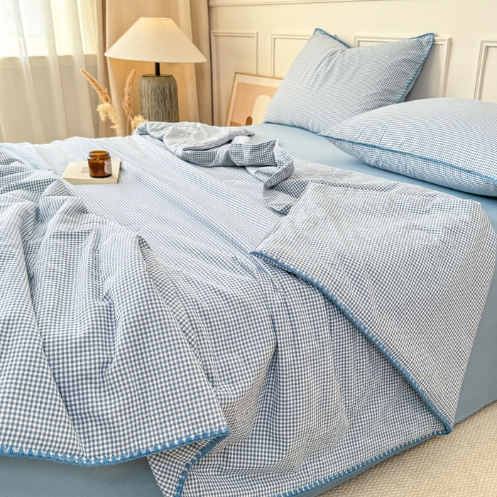 91家纺网 家纺一手货源 找家纺 鸣升家纺 2026新款全棉色织水洗棉贝壳边棉花空调被夏凉被夏被四件套 天空蓝