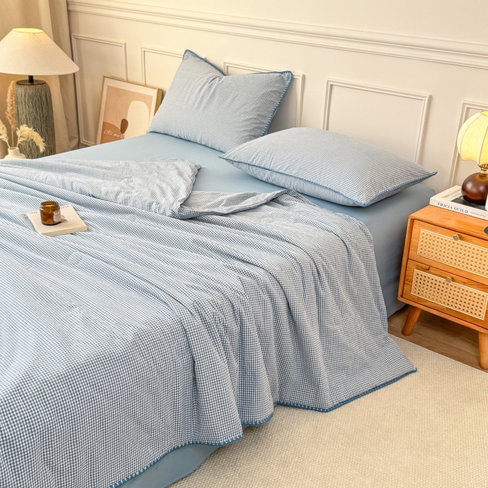 91家纺网 家纺一手货源 找家纺 鸣升家纺 2026新款全棉色织水洗棉贝壳边棉花空调被夏凉被夏被四件套 天空蓝
