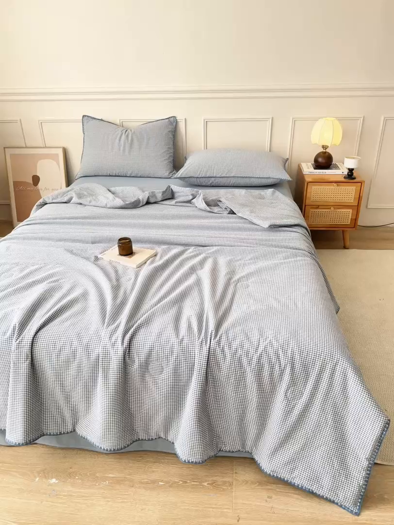 91家纺网 家纺一手货源 找家纺 鸣升家纺 2026新款全棉色织水洗棉贝壳边棉花空调被夏凉被夏被四件套 天空蓝
