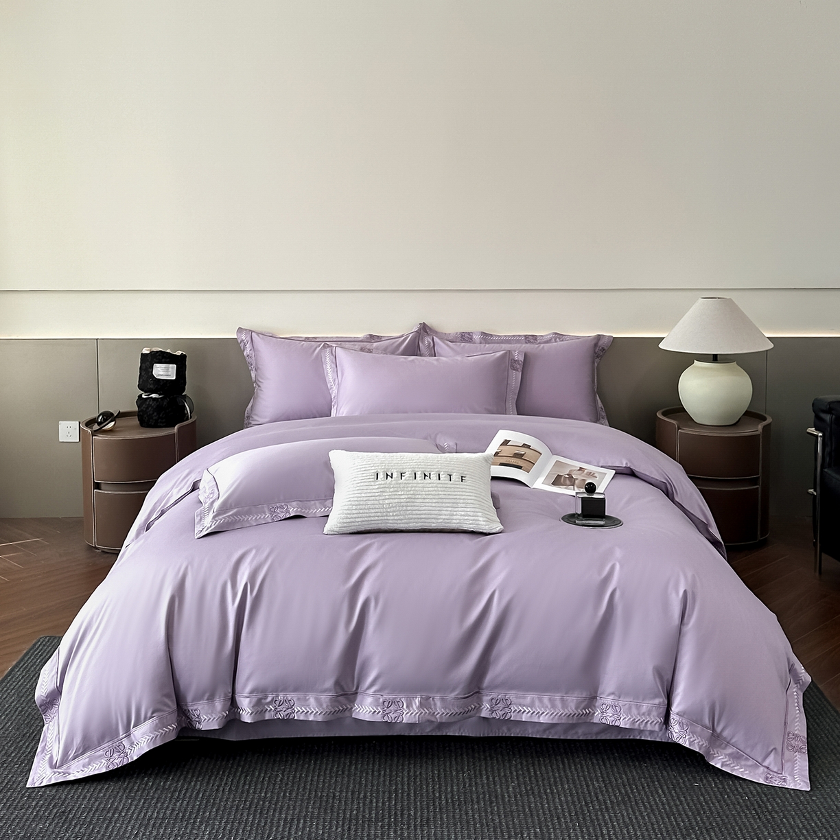 91家纺网 家纺一手货源 找家纺 置顶家纺 2026春夏新款多伦多系列亲肤刺绣拼角四件套 多伦多-香芋紫