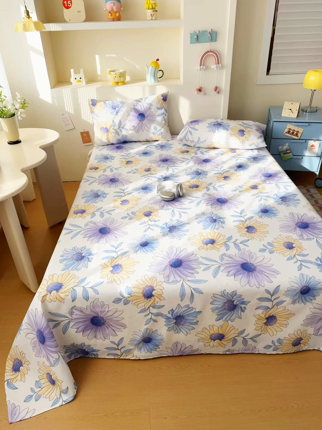 91家纺网 家纺一手货源 找家纺 爱彼家纺 2026新款升级细沙印花老粗布床单单品床单床单单件-细沙系列四 蓝菊绘