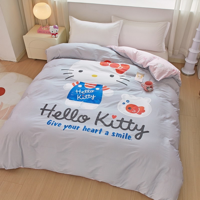 91家纺网 家纺一手货源 找家纺 蘭菲家纺 2026新款全棉三丽欧印花卡通单品被套 可爱KT灰