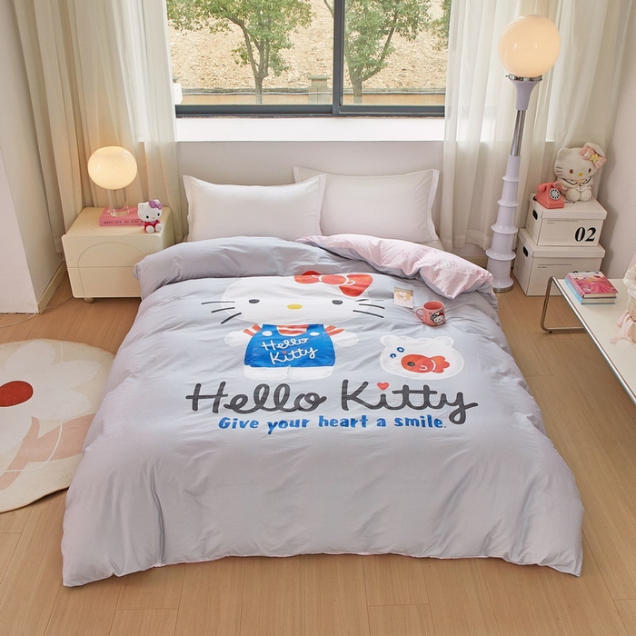 91家纺网 家纺一手货源 找家纺 蘭菲家纺 2026新款全棉三丽欧印花卡通单品被套 可爱KT灰