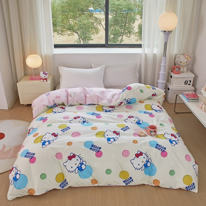 91家纺网 家纺一手货源 找家纺 蘭菲家纺 2026新款全棉三丽欧印花卡通单品被套 波点KT