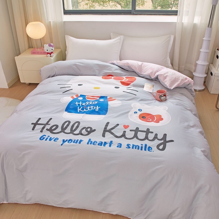 91家纺网 家纺一手货源 找家纺 蘭菲家纺 2026新款全棉三丽欧印花卡通单品被套 可爱KT灰