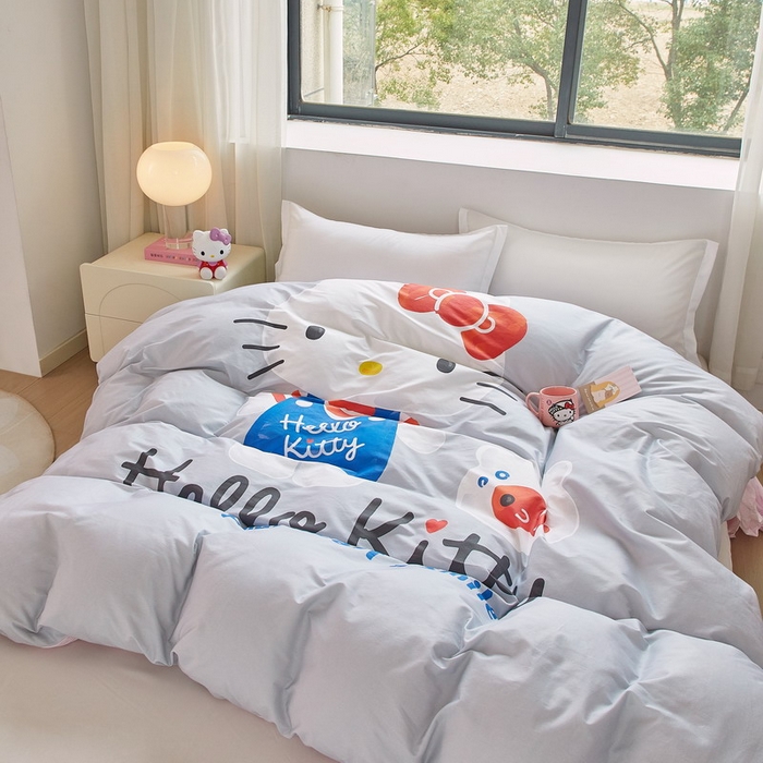 91家纺网 家纺一手货源 找家纺 蘭菲家纺 2026新款全棉三丽欧印花卡通单品被套 可爱KT灰