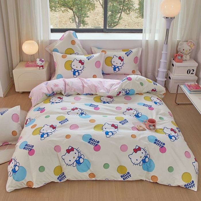 91家纺网 家纺一手货源 找家纺 蘭菲家纺 2026新款全棉三丽欧印花卡通四件套 波点KT