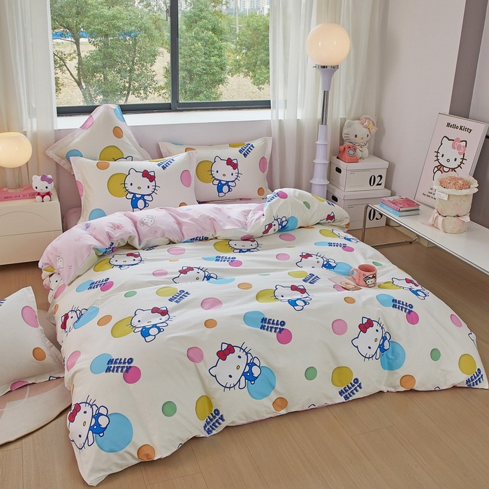 91家纺网 家纺一手货源 找家纺 蘭菲家纺 2026新款全棉三丽欧印花卡通四件套 波点KT