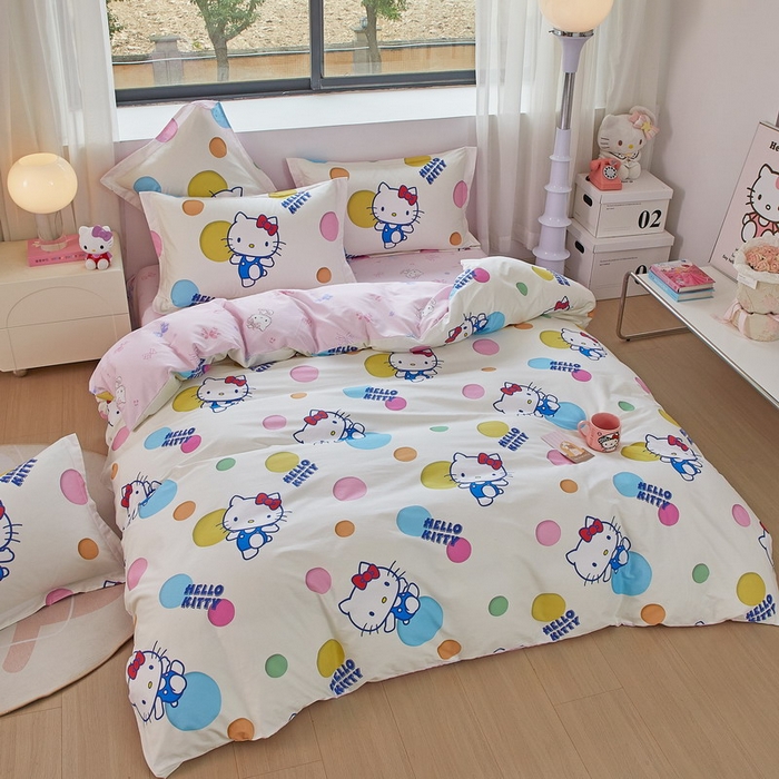 91家纺网 家纺一手货源 找家纺 蘭菲家纺 2026新款全棉三丽欧印花卡通四件套 波点KT