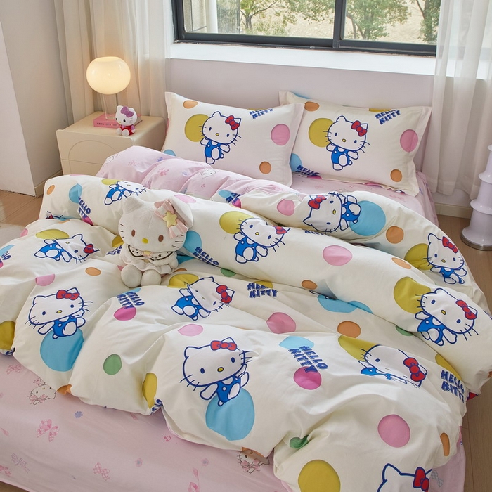 91家纺网 家纺一手货源 找家纺 蘭菲家纺 2026新款全棉三丽欧印花卡通四件套 波点KT