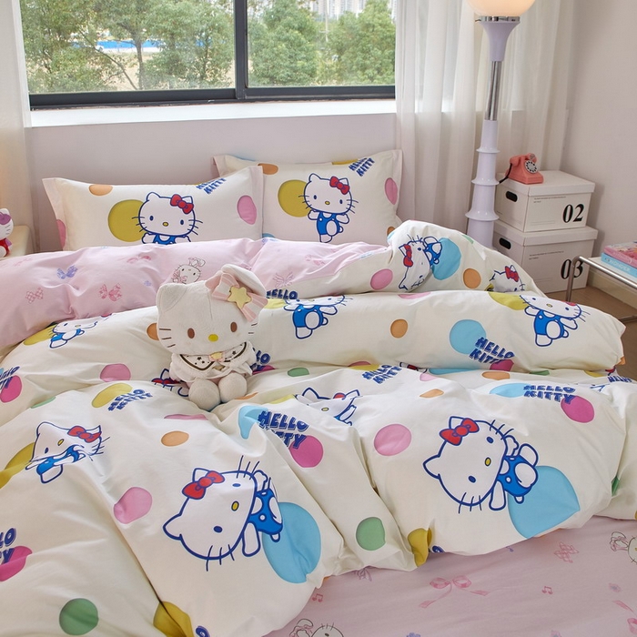 91家纺网 家纺一手货源 找家纺 蘭菲家纺 2026新款全棉三丽欧印花卡通四件套 波点KT