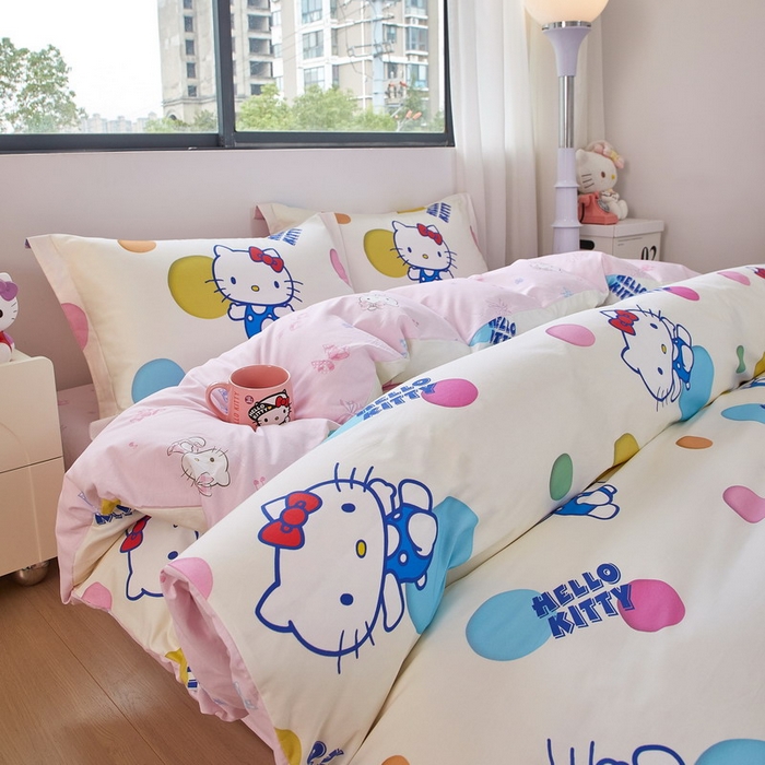 91家纺网 家纺一手货源 找家纺 蘭菲家纺 2026新款全棉三丽欧印花卡通四件套 波点KT