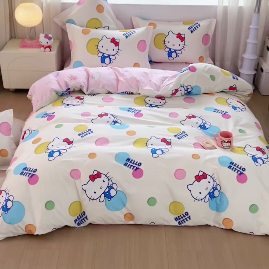 91家纺网 家纺一手货源 找家纺 蘭菲家纺 2026新款全棉三丽欧印花卡通四件套 波点KT