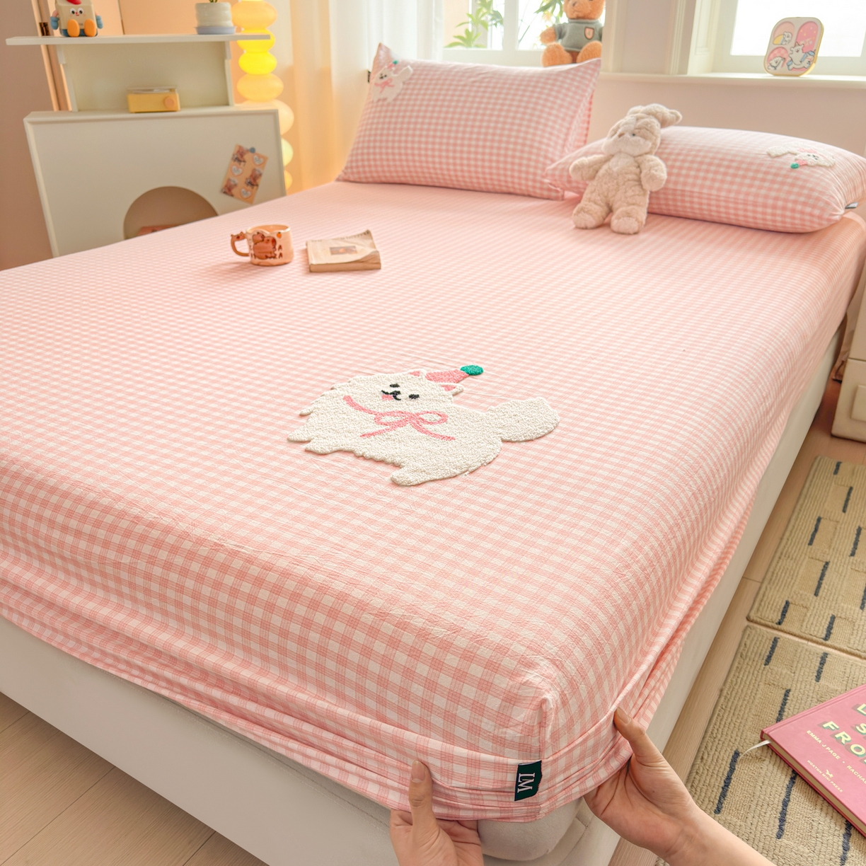 乐美家纺 2026新款全棉纯棉水洗棉毛巾绣单品床笠单件床笠 小狗凯特