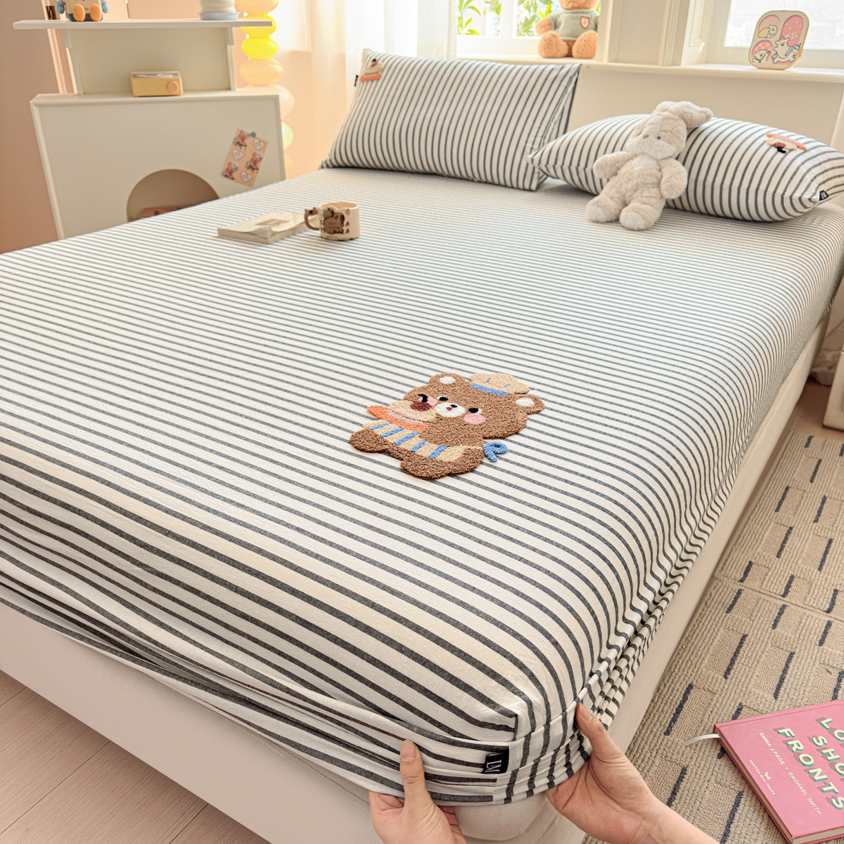 乐美家纺 2026新款全棉纯棉水洗棉毛巾绣单品床笠单件床笠 舒芙类小熊