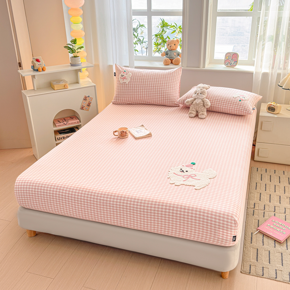 91家纺网 家纺一手货源 找家纺 乐美家纺 2026新款全棉纯棉水洗棉毛巾绣单品床笠单件床笠 小狗凯特