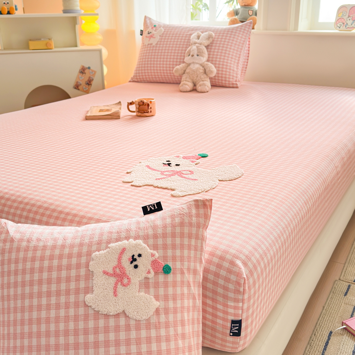 91家纺网 家纺一手货源 找家纺 乐美家纺 2026新款全棉纯棉水洗棉毛巾绣单品床笠单件床笠 小狗凯特