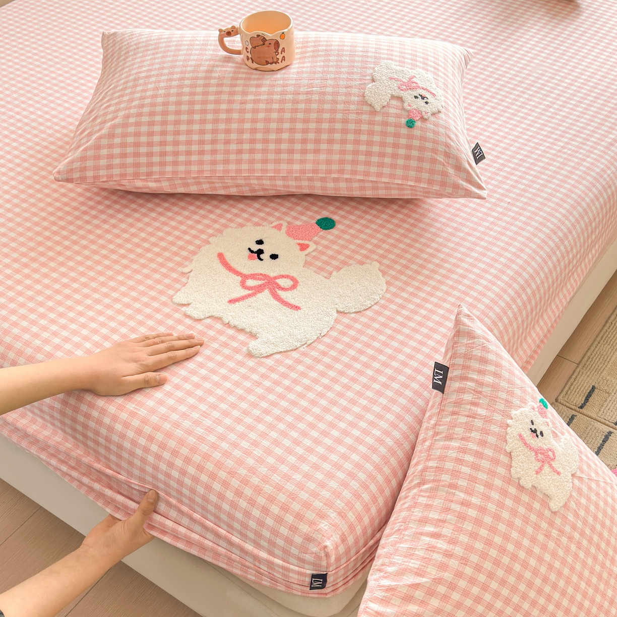 91家纺网 家纺一手货源 找家纺 乐美家纺 2026新款全棉纯棉水洗棉毛巾绣单品床笠单件床笠 小狗凯特