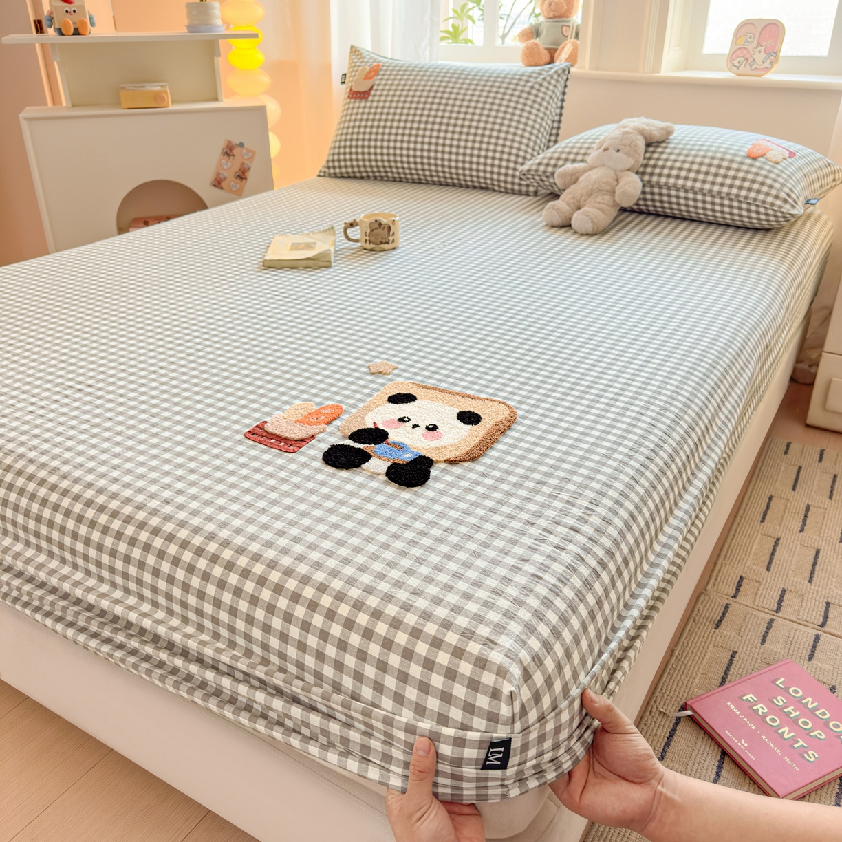 乐美家纺 2026新款全棉纯棉水洗棉毛巾绣单品床笠单件床笠 吐司熊猫