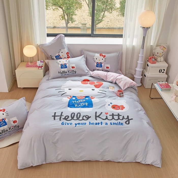 91家纺网 家纺一手货源 找家纺 蘭菲家纺 2026新款全棉三丽欧印花卡通四件套 可爱KT灰