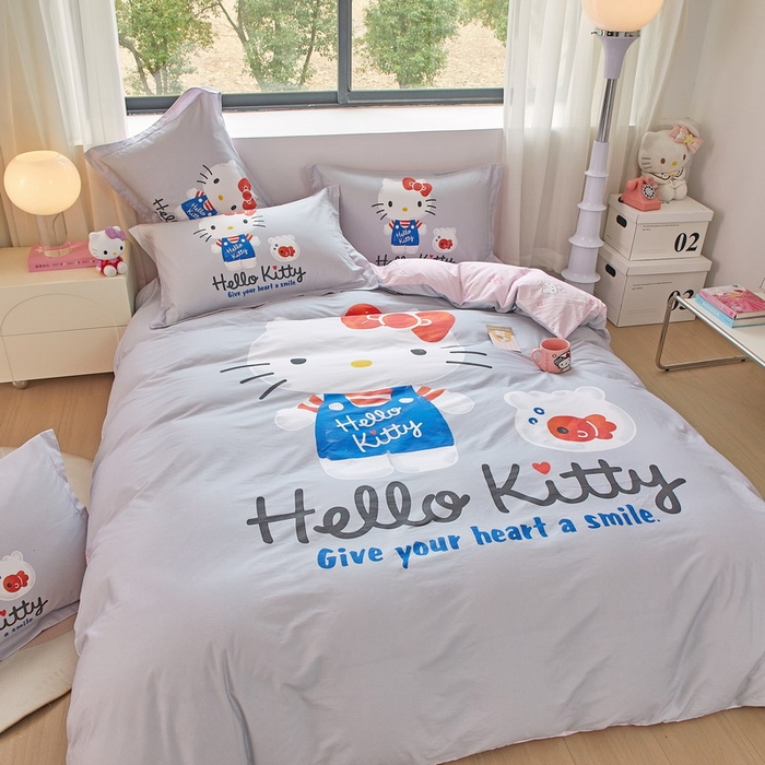 91家纺网 家纺一手货源 找家纺 蘭菲家纺 2026新款全棉三丽欧印花卡通四件套 可爱KT灰