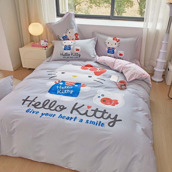 91家纺网 家纺一手货源 找家纺 蘭菲家纺 2026新款全棉三丽欧印花卡通四件套 可爱KT灰