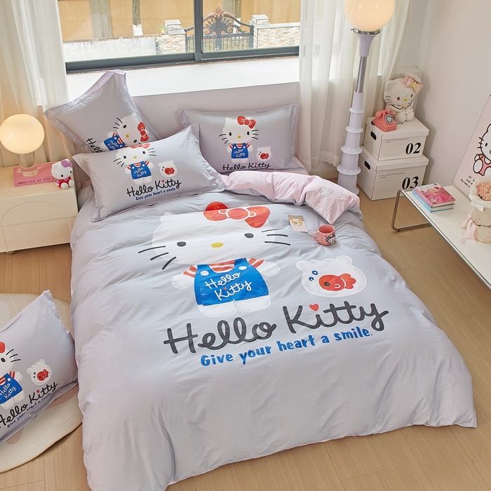 91家纺网 家纺一手货源 找家纺 蘭菲家纺 2026新款全棉三丽欧印花卡通四件套 可爱KT灰