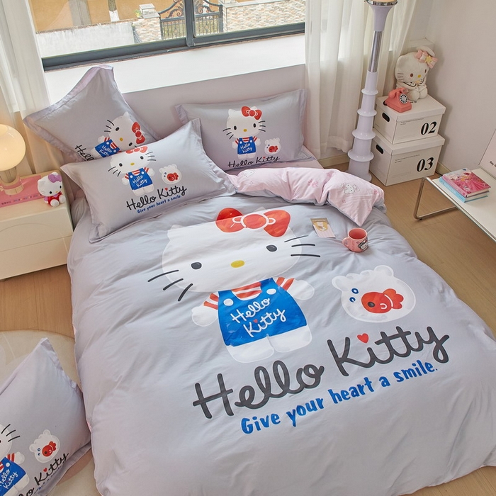 91家纺网 家纺一手货源 找家纺 蘭菲家纺 2026新款全棉三丽欧印花卡通四件套 可爱KT灰