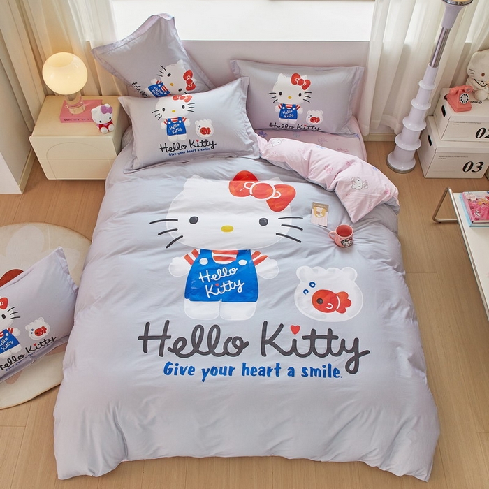 91家纺网 家纺一手货源 找家纺 蘭菲家纺 2026新款全棉三丽欧印花卡通四件套 可爱KT灰