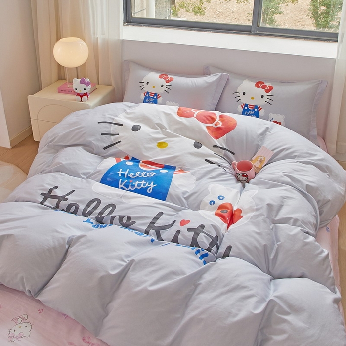 91家纺网 家纺一手货源 找家纺 蘭菲家纺 2026新款全棉三丽欧印花卡通四件套 可爱KT灰