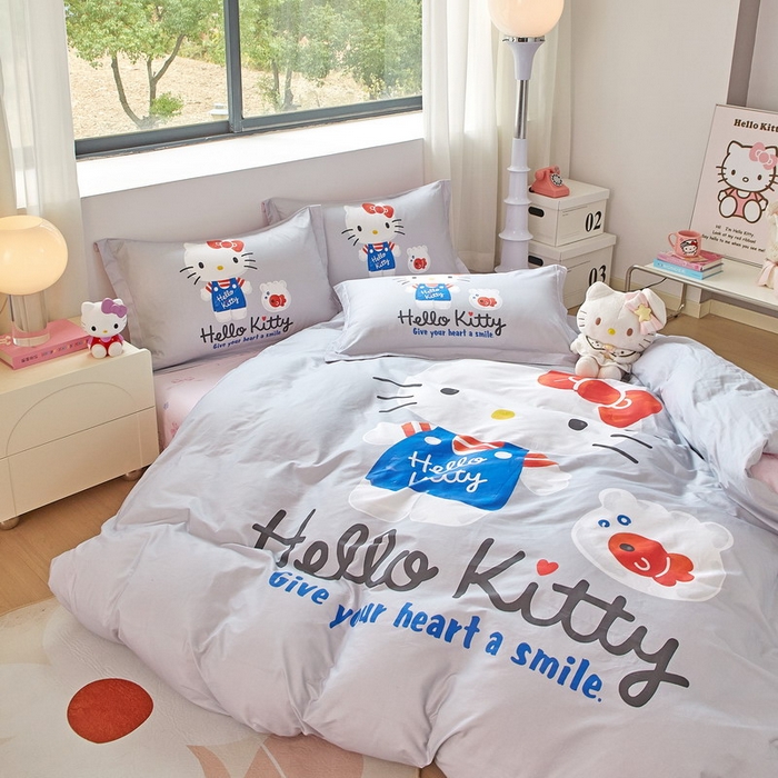 91家纺网 家纺一手货源 找家纺 蘭菲家纺 2026新款全棉三丽欧印花卡通四件套 可爱KT灰