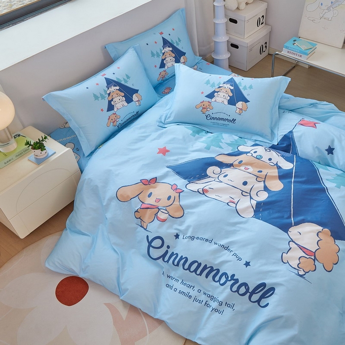 91家纺网 家纺一手货源 找家纺 蘭菲家纺 2026新款全棉三丽欧印花卡通四件套 露营快乐