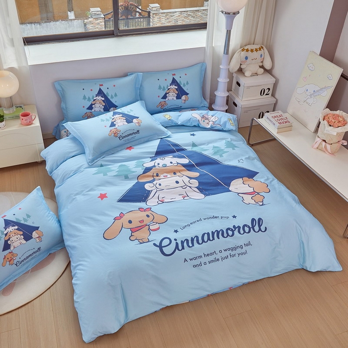 91家纺网 家纺一手货源 找家纺 蘭菲家纺 2026新款全棉三丽欧印花卡通四件套 露营快乐