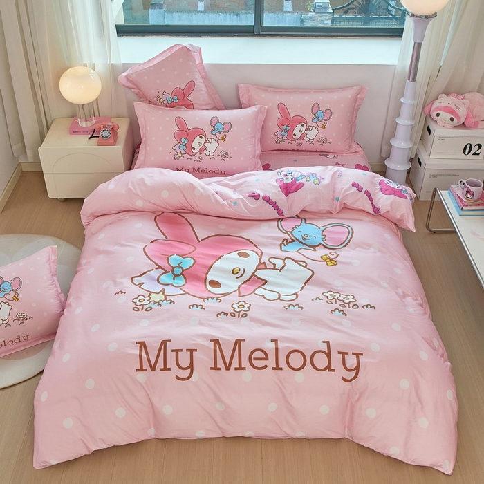 91家纺网 家纺一手货源 找家纺 蘭菲家纺 2026新款全棉三丽欧印花卡通四件套 轻松美乐蒂