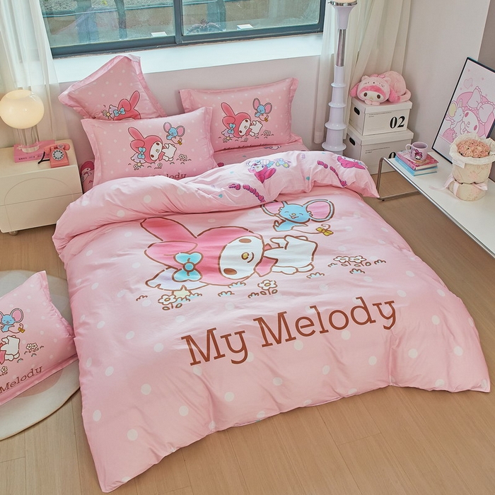 91家纺网 家纺一手货源 找家纺 蘭菲家纺 2026新款全棉三丽欧印花卡通四件套 轻松美乐蒂