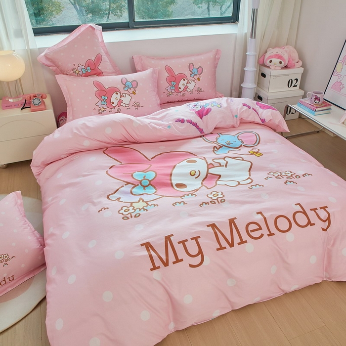 91家纺网 家纺一手货源 找家纺 蘭菲家纺 2026新款全棉三丽欧印花卡通四件套 轻松美乐蒂