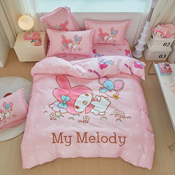 91家纺网 家纺一手货源 找家纺 蘭菲家纺 2026新款全棉三丽欧印花卡通四件套 轻松美乐蒂