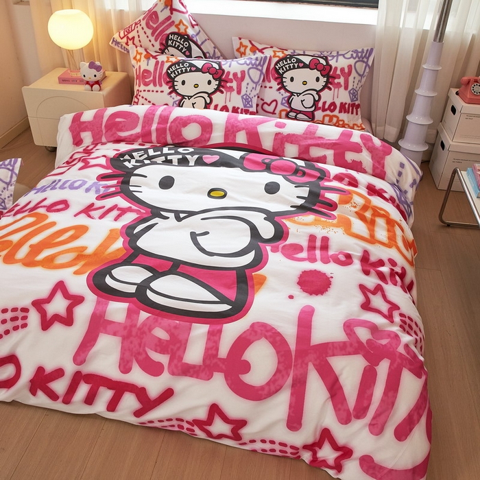 91家纺网 家纺一手货源 找家纺 蘭菲家纺 2026新款全棉三丽欧印花卡通四件套 涂鸦KT